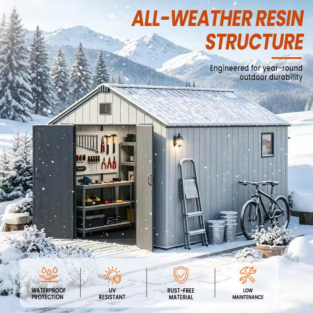 8 Ft. W X 12 Ft. D Resin Storage Shed with Double Doors, Window and Gable Vent 96 Sq. Ft.