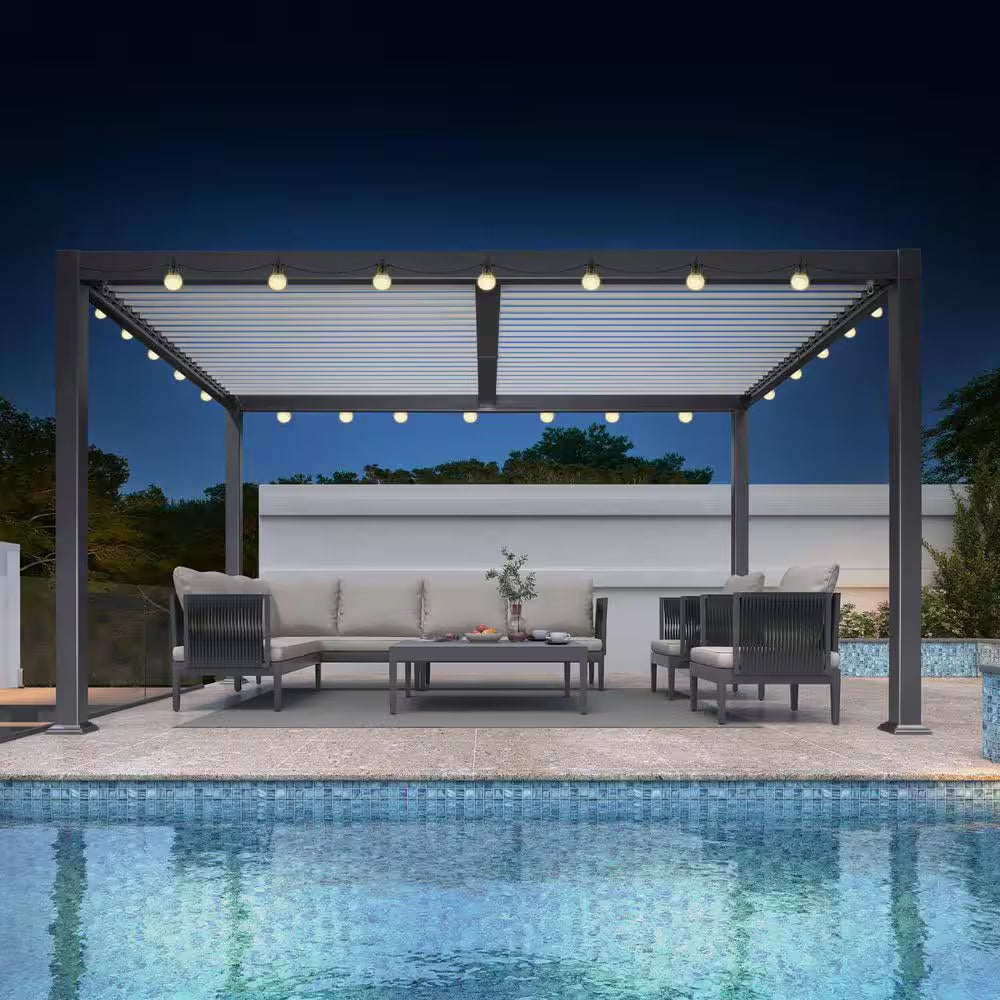 10.2 Ft. X 14.2 Ft. Gray Aluminum Outdoor Louvered Pergola with White Adjustable Roofs and String Lights