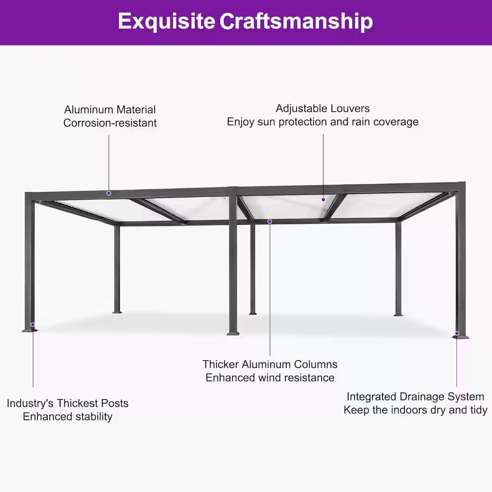 11.7 Ft. X 24.1 Ft. Gray Aluminum Outdoor Louvered Pergola with 4 White Individual Adjustable Roofs and In-Built Gutter