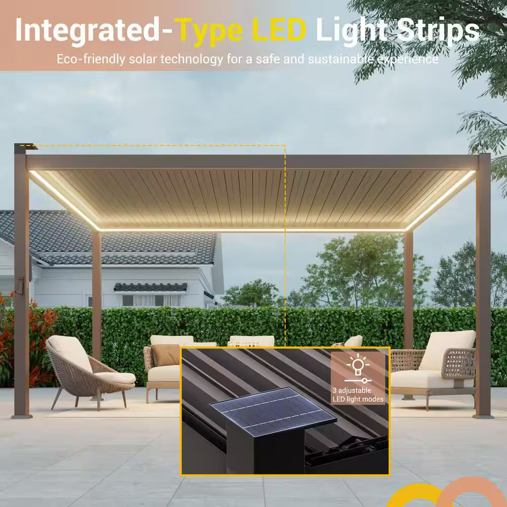 12 Ft. X 14 Ft. Dark Brown LED Powder-Coated Louvered Aluminum Steel Pergola with Adjustable Roof