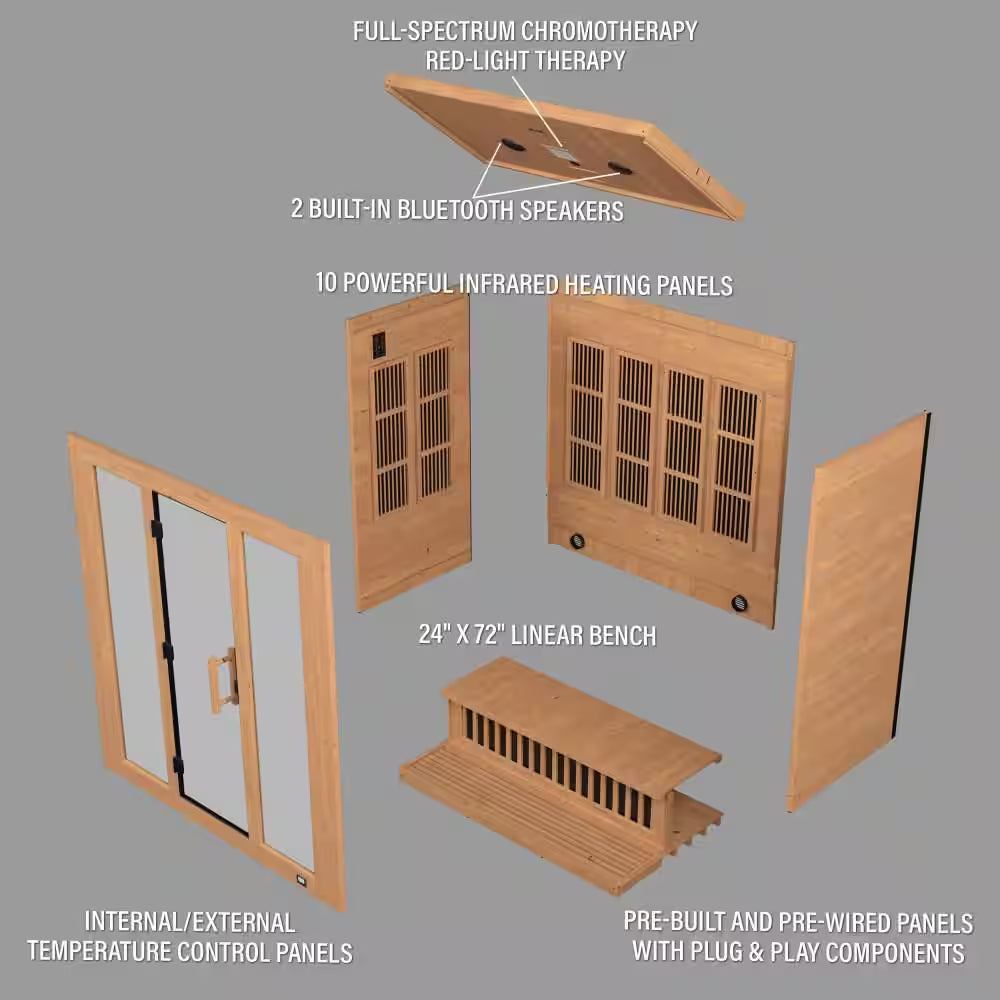 Rylan 4-Person Indoor Cedar Infrared Sauna with 10 Carbon Far-Infrared Heaters, Red Light Therapy and Chromotherapy