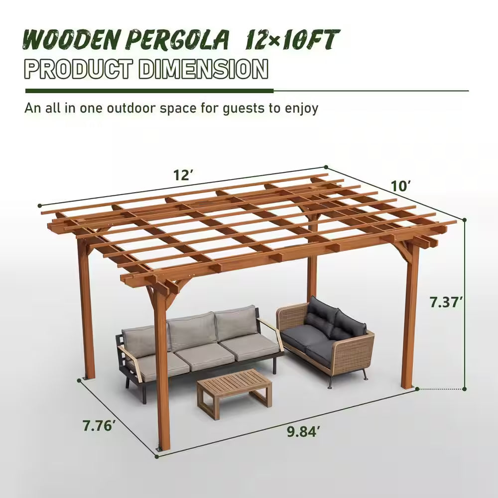 12 Ft. X 10 Ft. Brown Outdoor Wood Gazebo, for Supporting Climbing Plants, Suitable for Garden, Patio, Backyard