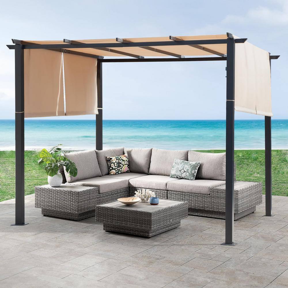 10 Ft. X 10 Ft. Flat Beige Top Outdoor Pergola Canopy with Adjustable and Retractable Canopy