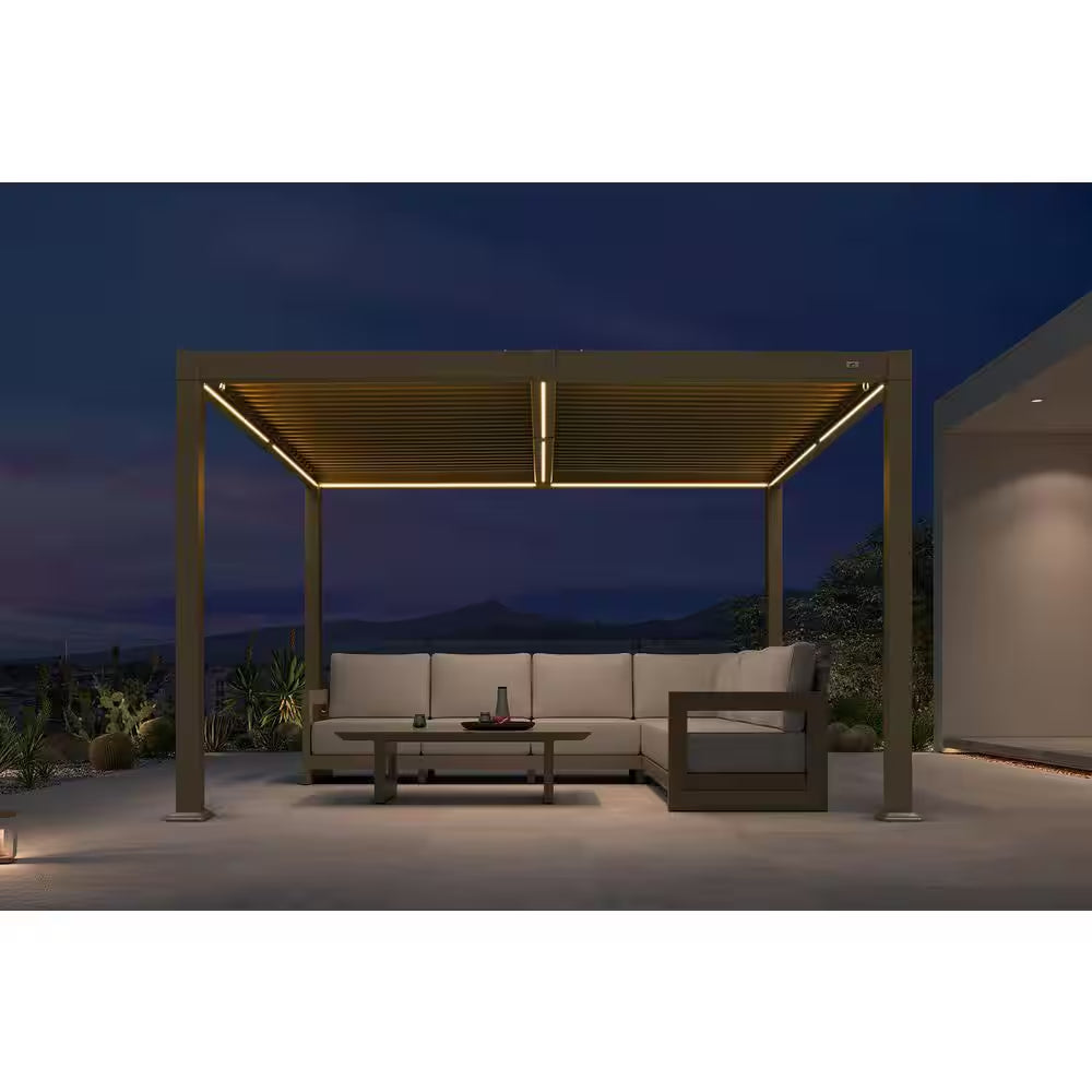 10 Ft. X 12 Ft. Champagne Aluminum Outdoor Louvered Pergola with Individual Adjustable Sunshade Roofs and LED Lights