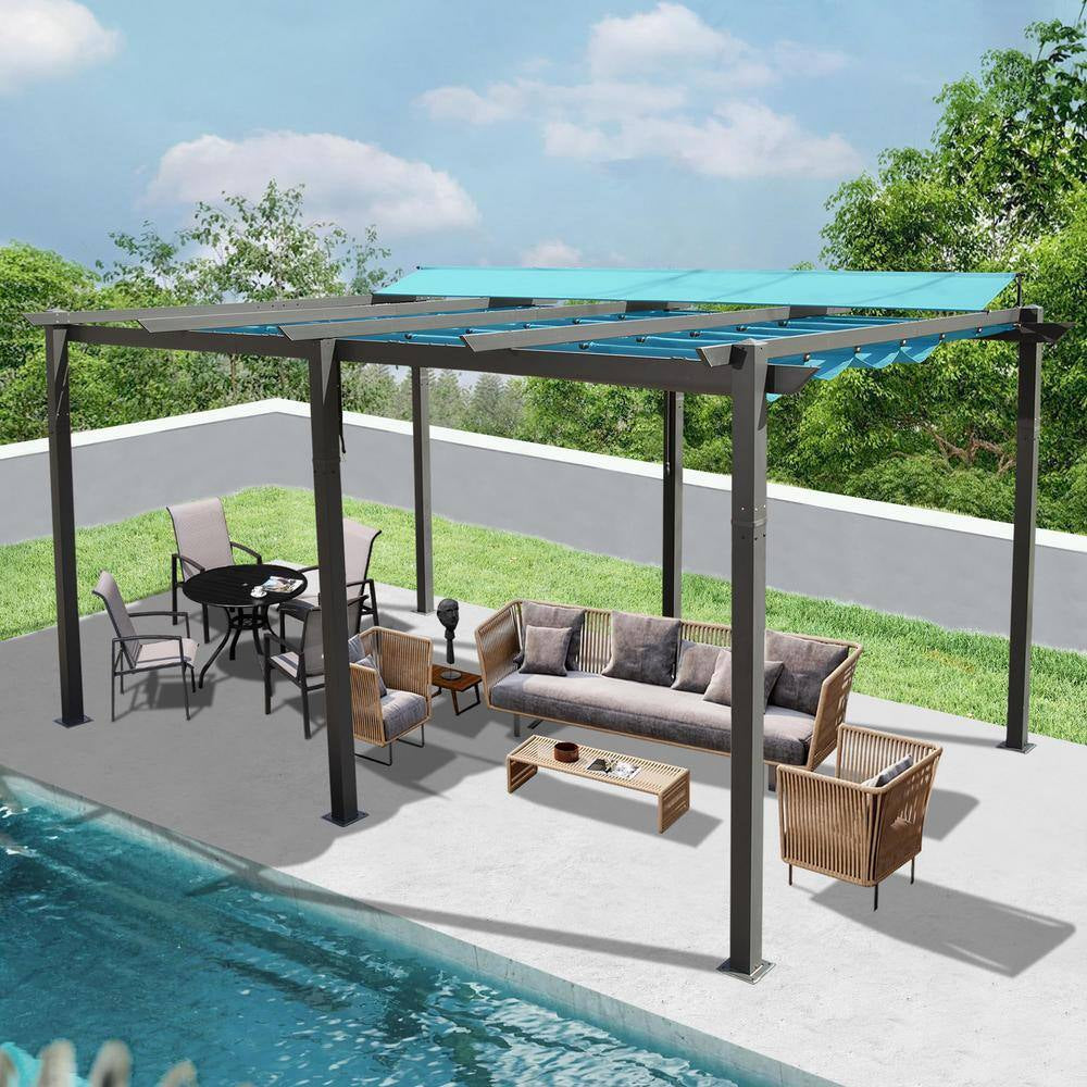11 Ft. X 16 Ft. Dark Gray Aluminum Outdoor Retractable Pergola with Lake Blue Canopy, Patio Grill Gazebo