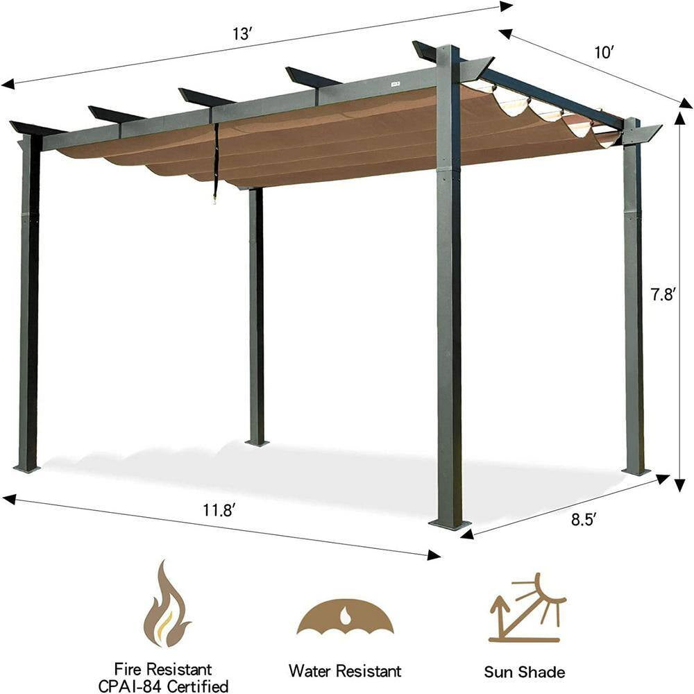 Beige 9 Ft. X 13 Ft. Aluminum Retractable Pergola Patio Gazebo with Weather-Resistant Canopy for Backyard, Garden