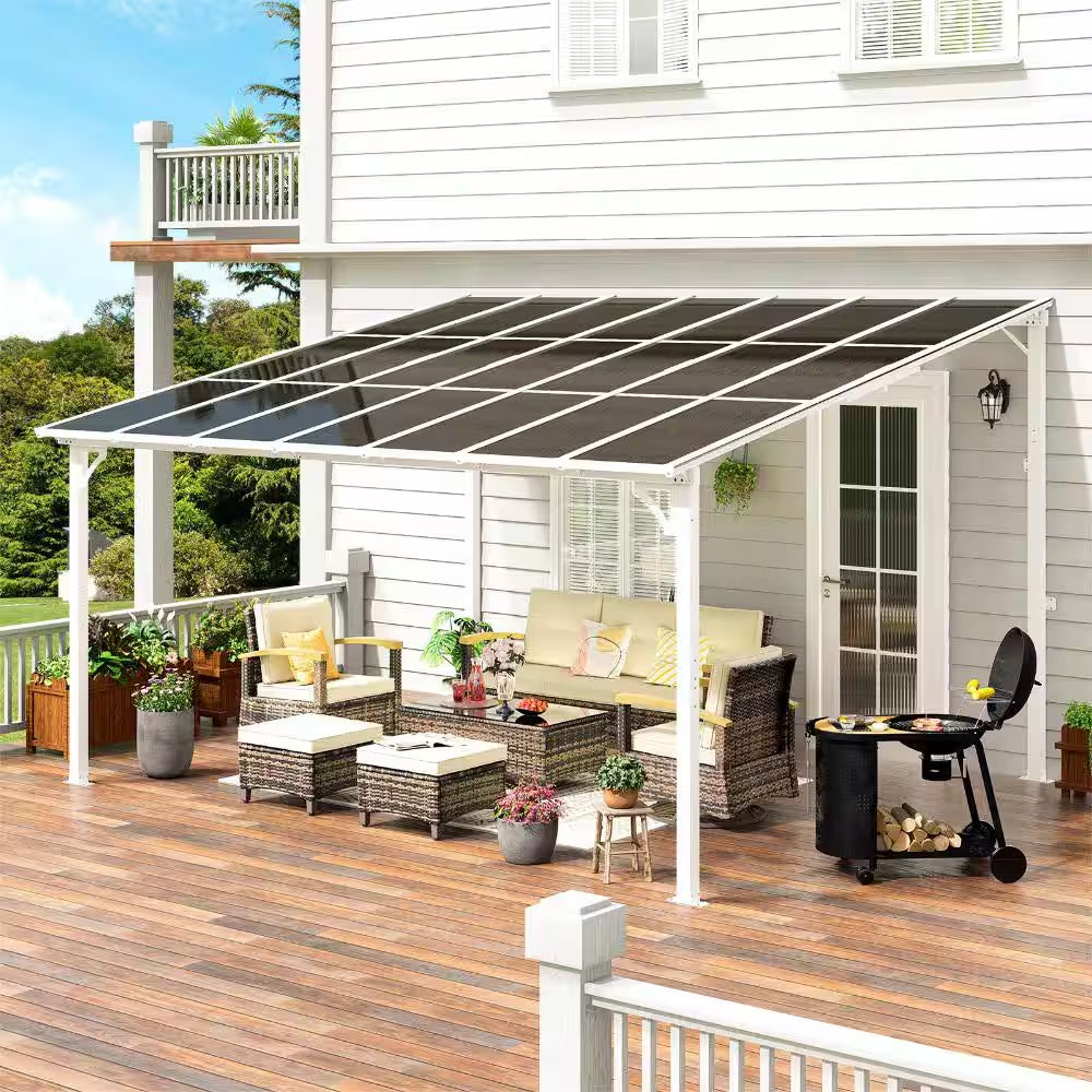 12' X 14' Wall Mounted Gazebo Heavy Duty Metal Pergola with Sloped Roof Lean to Awning for Patio Deck Backyard, White