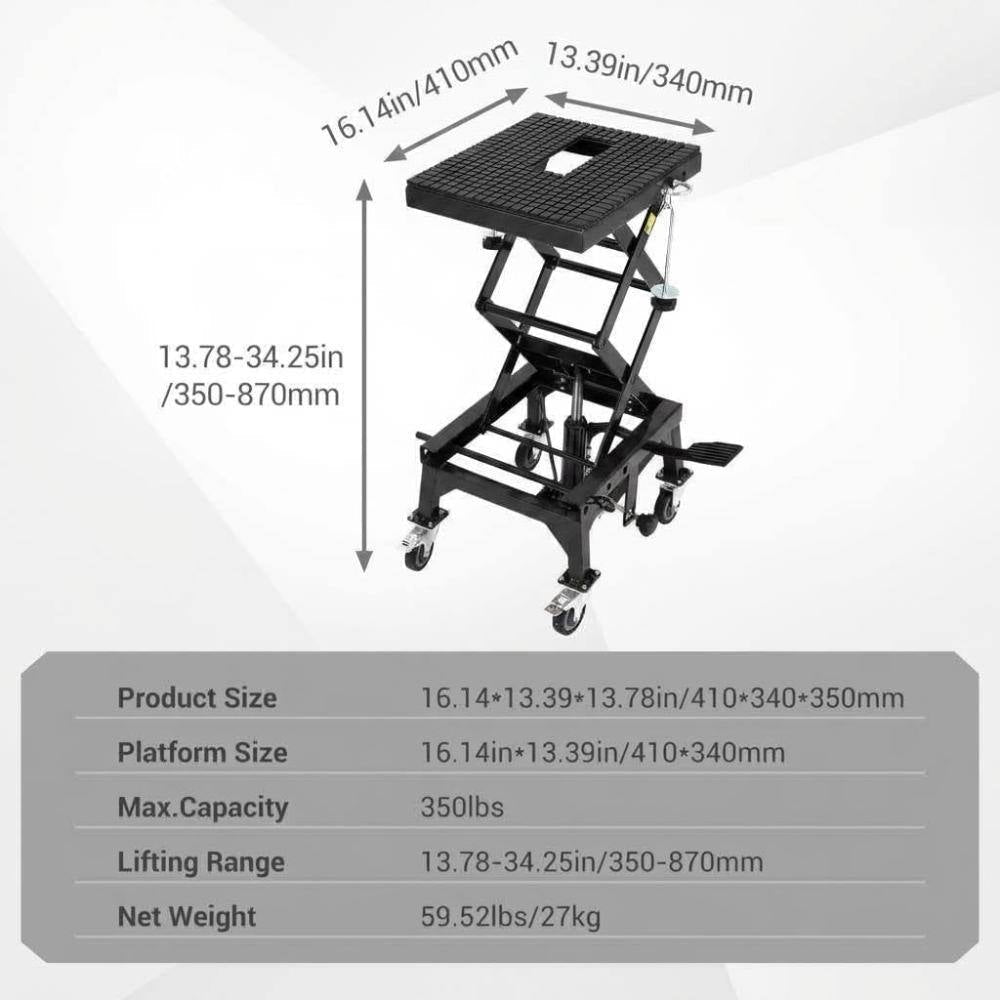 350 Lbs Hydraulic Motorcycle Lift Jack, Black Foot-Operated Scissor Lift with Wide Deck & Safety Lock for ATV Dirt Bike