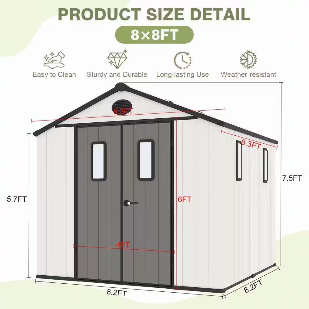 8 Ft. W X 8 Ft. D Outdoor Resin Garden Tool Storage Shed for Backyard (64 Sq. Ft.)