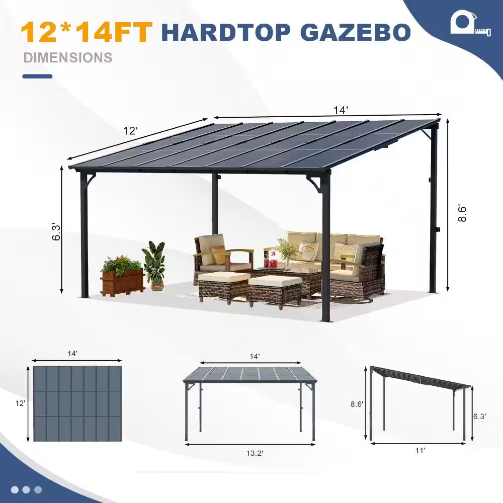 12' X 14' Wall Mounted Gazebo Heavy Duty Metal Pergola with Sloped Roof Lean to Awning for Patio Deck Backyard, Black