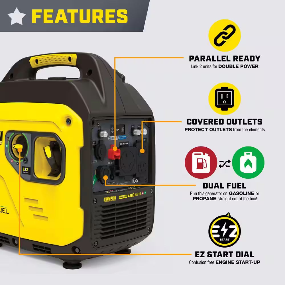 4500/3250-Watt Recoil Start Gas, Propane Dual Fuel Inverter Generator, Free 3-Year Warranty for RV and Home