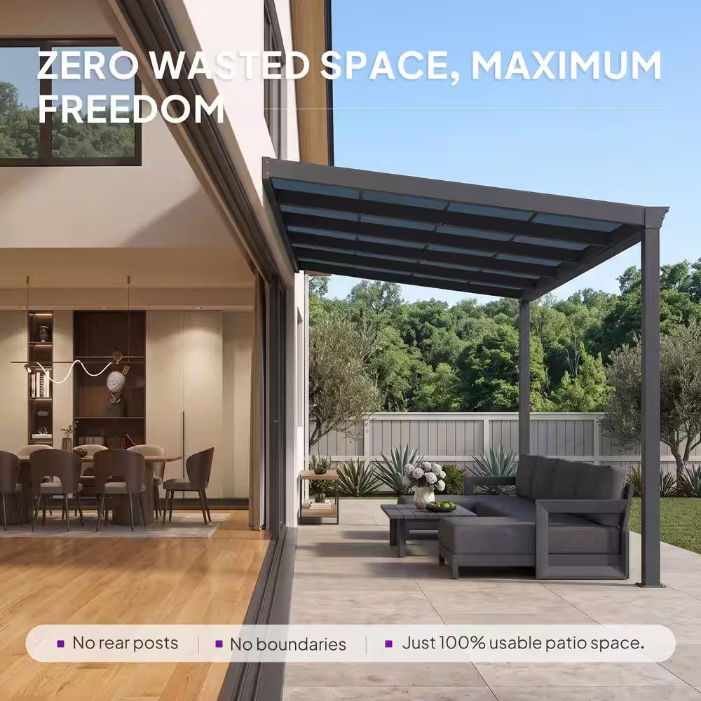 12 Ft. X 14 Ft. Gray Wall-Mounted Outdoor Pergola Aluminum Lean to Gazebo with PC Canopy and In-Built Gutter System