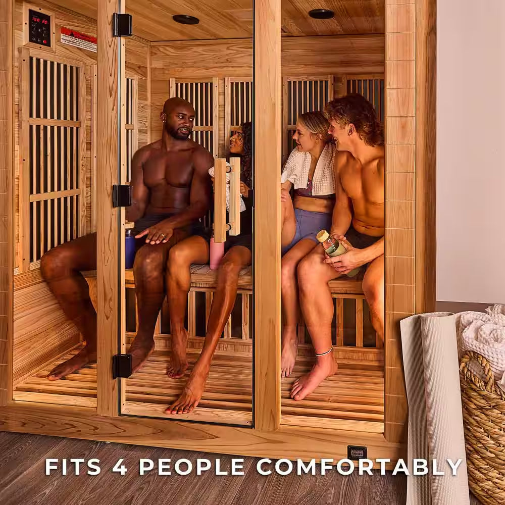 Rylan 4-Person Indoor Cedar Infrared Sauna with 10 Carbon Far-Infrared Heaters, Red Light Therapy and Chromotherapy