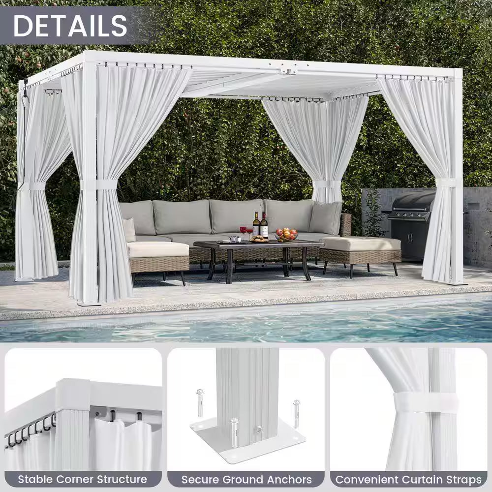 12 Ft. X 16 Ft. White Aluminum Louvered Pergola with Steel Roof and Curtains