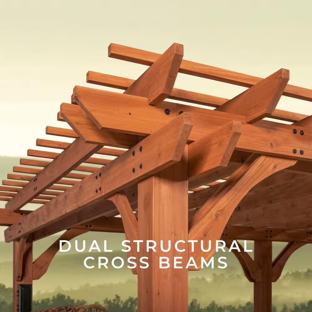 Beaumont 20 Ft. X 12 Ft. Light Brown Traditional Outdoor All Cedar Wood Patio Pergola Shade Structure with Electric