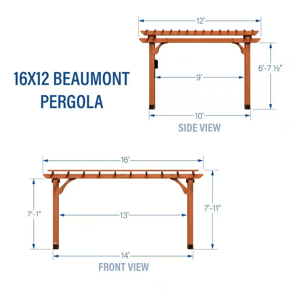 Beaumont 16 Ft. X 12 Ft. Light Brown Traditional Outdoor All Cedar Wood Patio Pergola Shade Structure with Electric