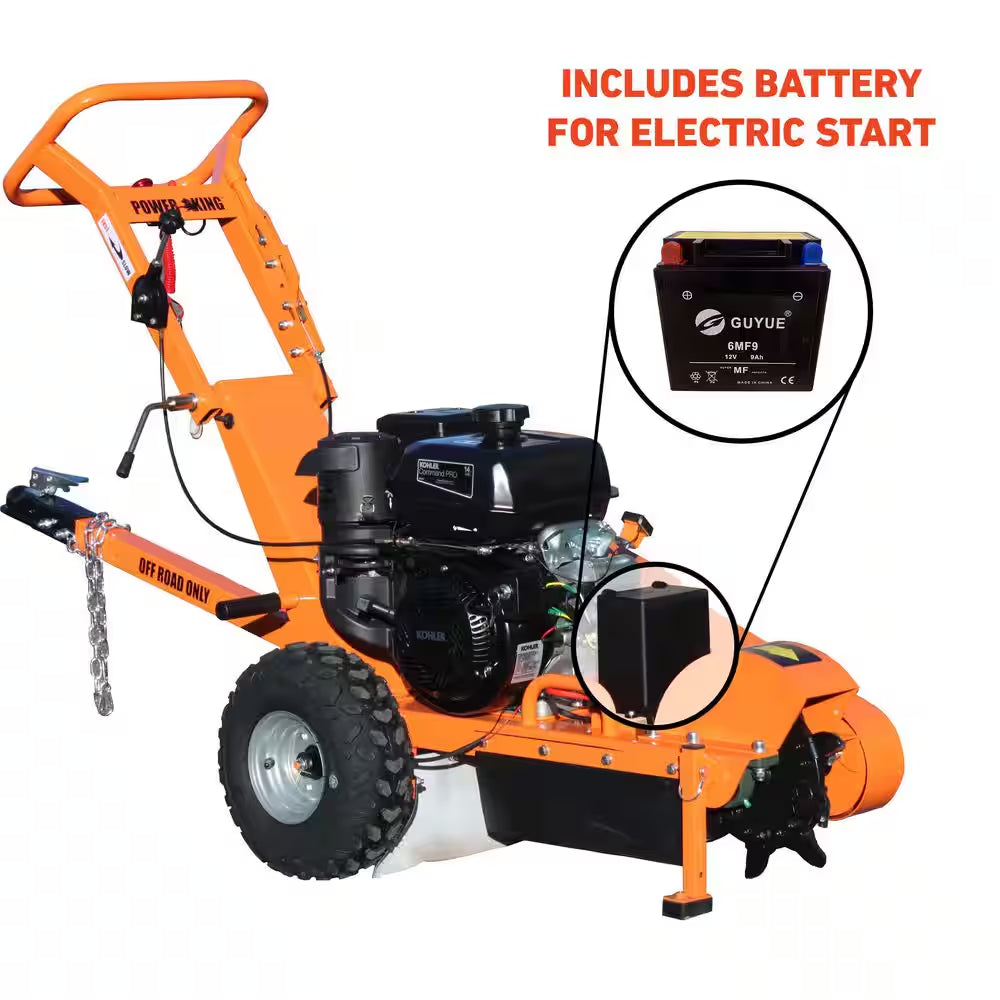 11 In. 14 HP Electric Start Commercial Kohler Gas Powered Stump Grinder with Extra Set of Teeth, Tow Bar, and Hour Meter