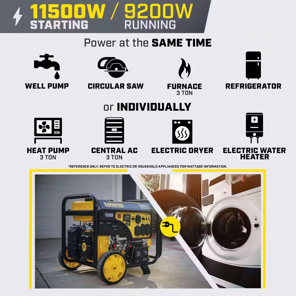 11,500/9200-Watt Electric Start Gas Portable Generator with Free 3-Year Warranty for Home Backup and Storm Prep