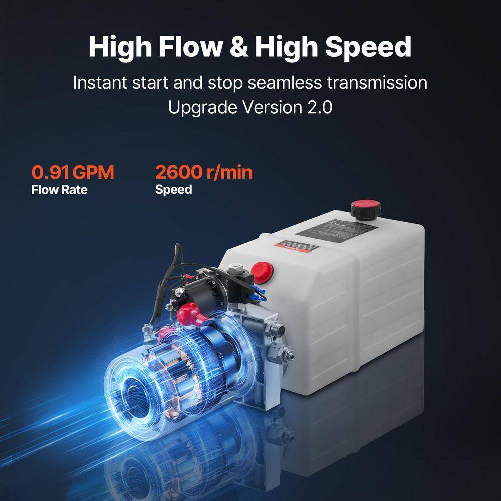 6 Qt. Hydraulic Power Unit, Double Acting Dump Trailer Pump, 3200 PSI Max Relief Pressure and 0.91 GPM Flow Rate, DC 12V