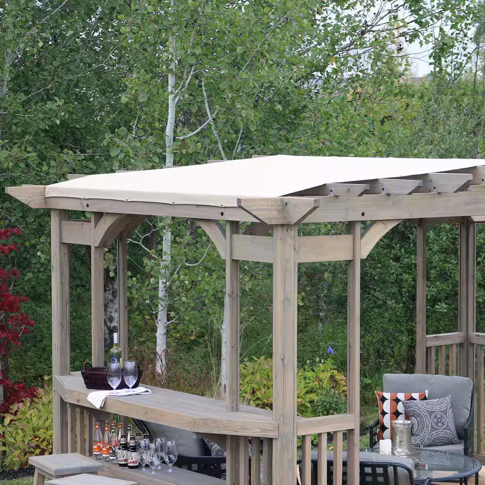 Madison 10 Ft. X 14 Ft. Timber Gray Cedar Wood Backyard Patio Pergola Including UV Sun Shade, Counter, Bar and 2 Stools