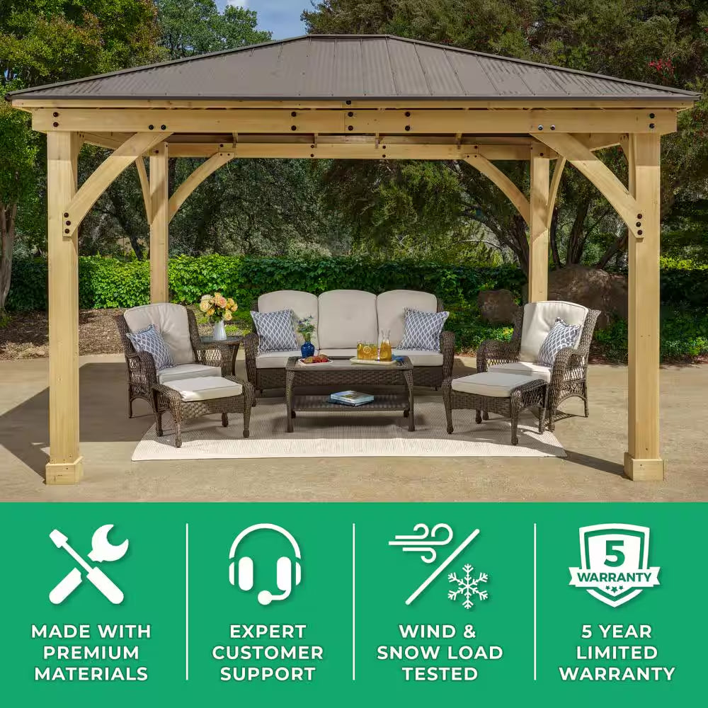 DIY Meridian 12 Ft. X 14 Ft. Cedar Wood Outdoor Patio Gazebo Kit with Hardtop Metal Roof - Permanent Covered Patio Shade