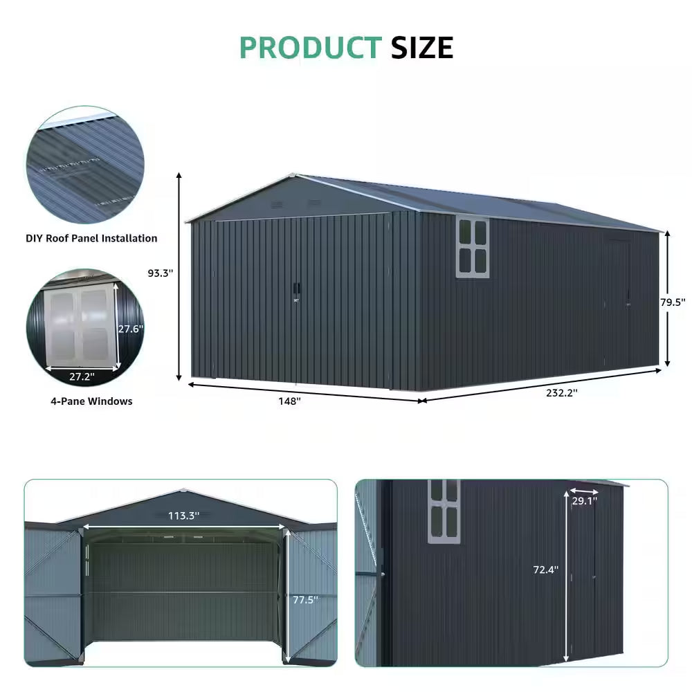 Vera 13 Ft. W X 20 Ft. D Dark Gray Metal Large Outdoor Storage Shed Garage Shed with Windows, Air Vents (238.59 Sq. Ft.)