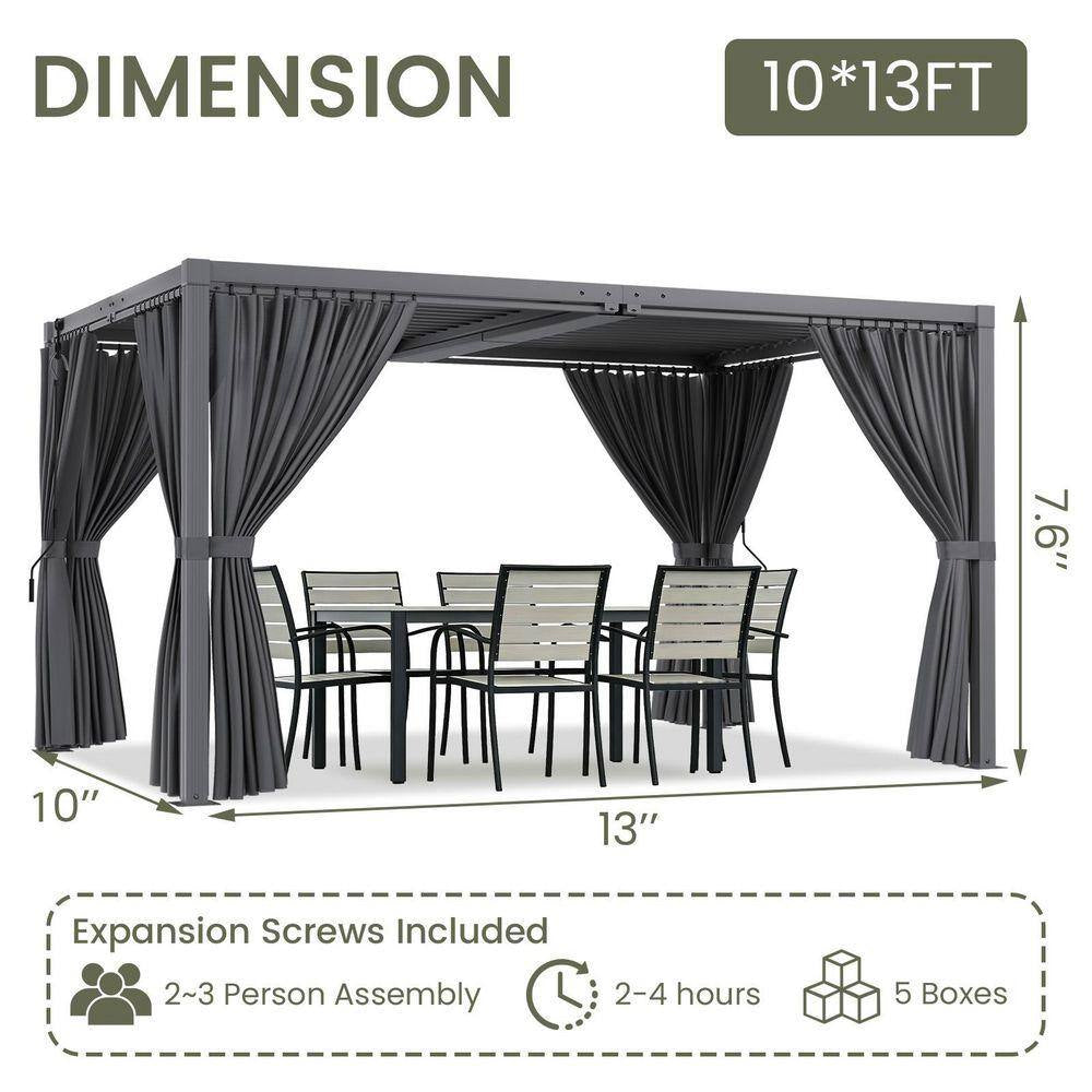 10 Ft. X 13 Ft. Gray Aluminum Louvered Pergola with Steel Roof and Curtains
