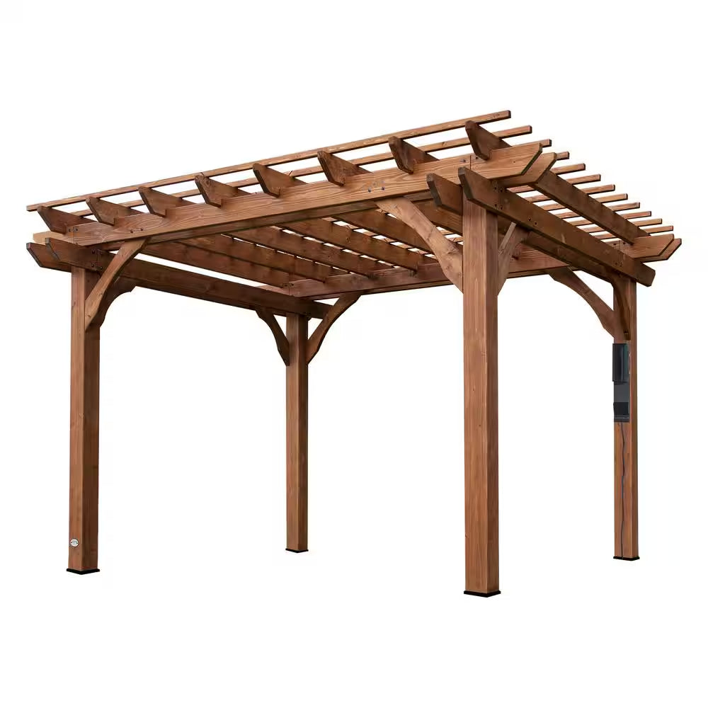 10 Ft. X 12 Ft. Traditional All Cedar Wood Outdoor Patio Pergola Shade Structure with Electric