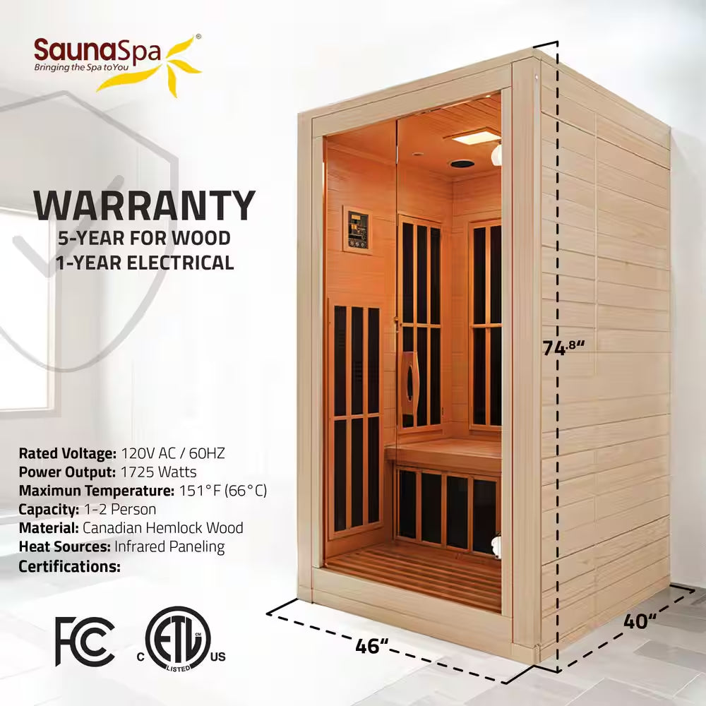 Home Sauna Room 2-Person Indoor Hemlock Wooden Infrared Indoor Sauna Spa with Bluetooth Digital Control Panel