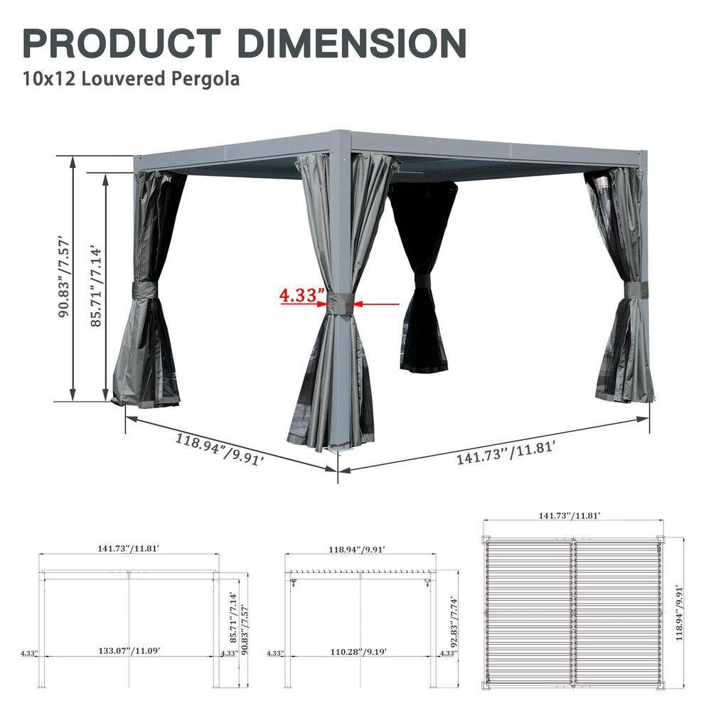 12 Ft. X 10 Ft. Aluminum Pergola with Louvered Roof and Drainage System, Gray