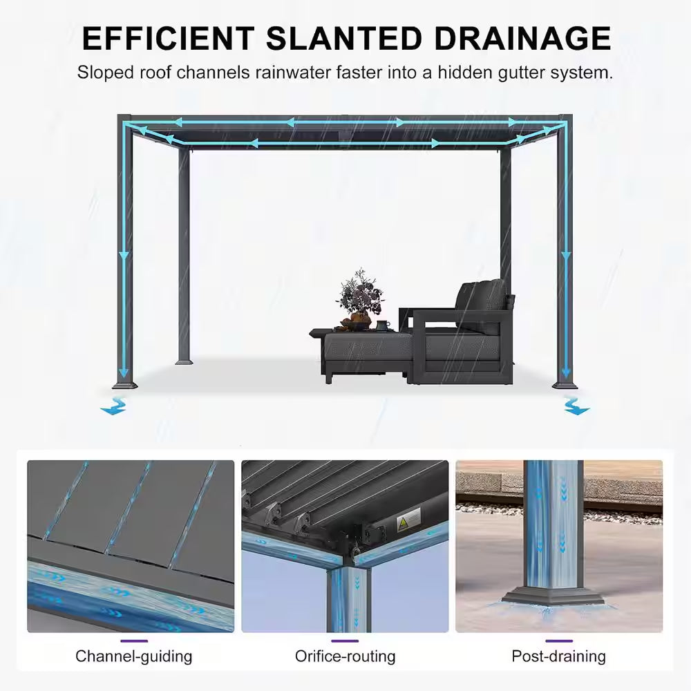 10 Ft. X 20 Ft. Grey Aluminum Outdoor Sloping Roof Louvered Pergola with Individual Adjustable Sunshade Roofs