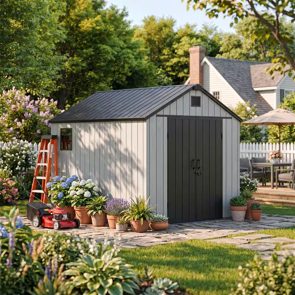 8 Ft. W X 10 Ft. D Resin Storage Shed with Double Doors, Window and Gable Vent 80 Sq. Ft.