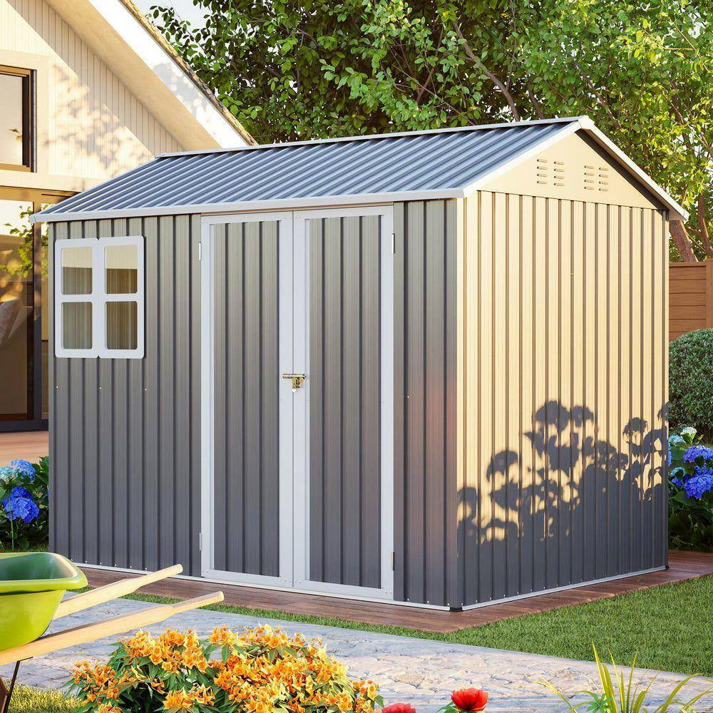 Metal 8 X 6 Ft. Steel Storage Shed with Window and Lockable Doors, Dark Gray for Garden Patio and Yard (43.69 Sq Ft)