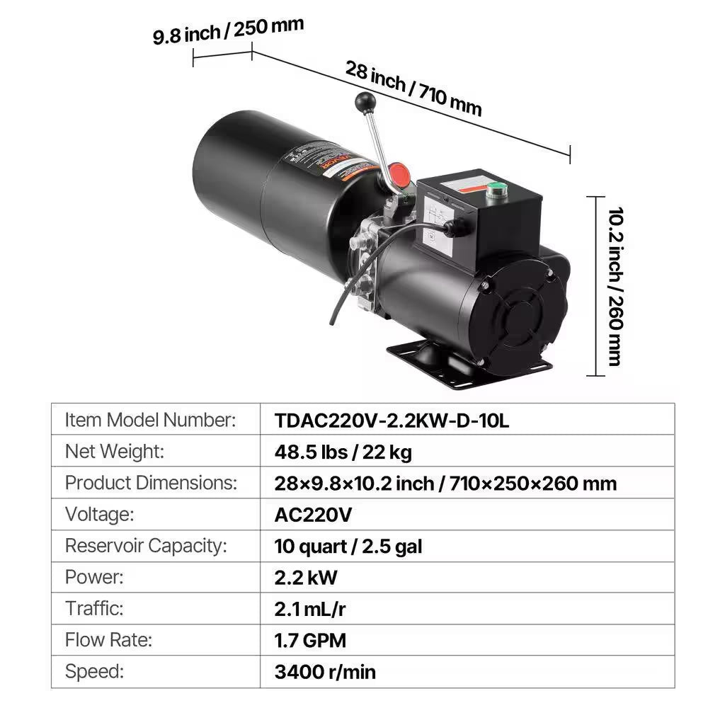 Hydraulic Pump Power Unit, AC 220V, 10Qt. Single-Acting, 6. 3L/Min, 22Mpa, for Dump Trucks, Auto Garage, Car Lifts