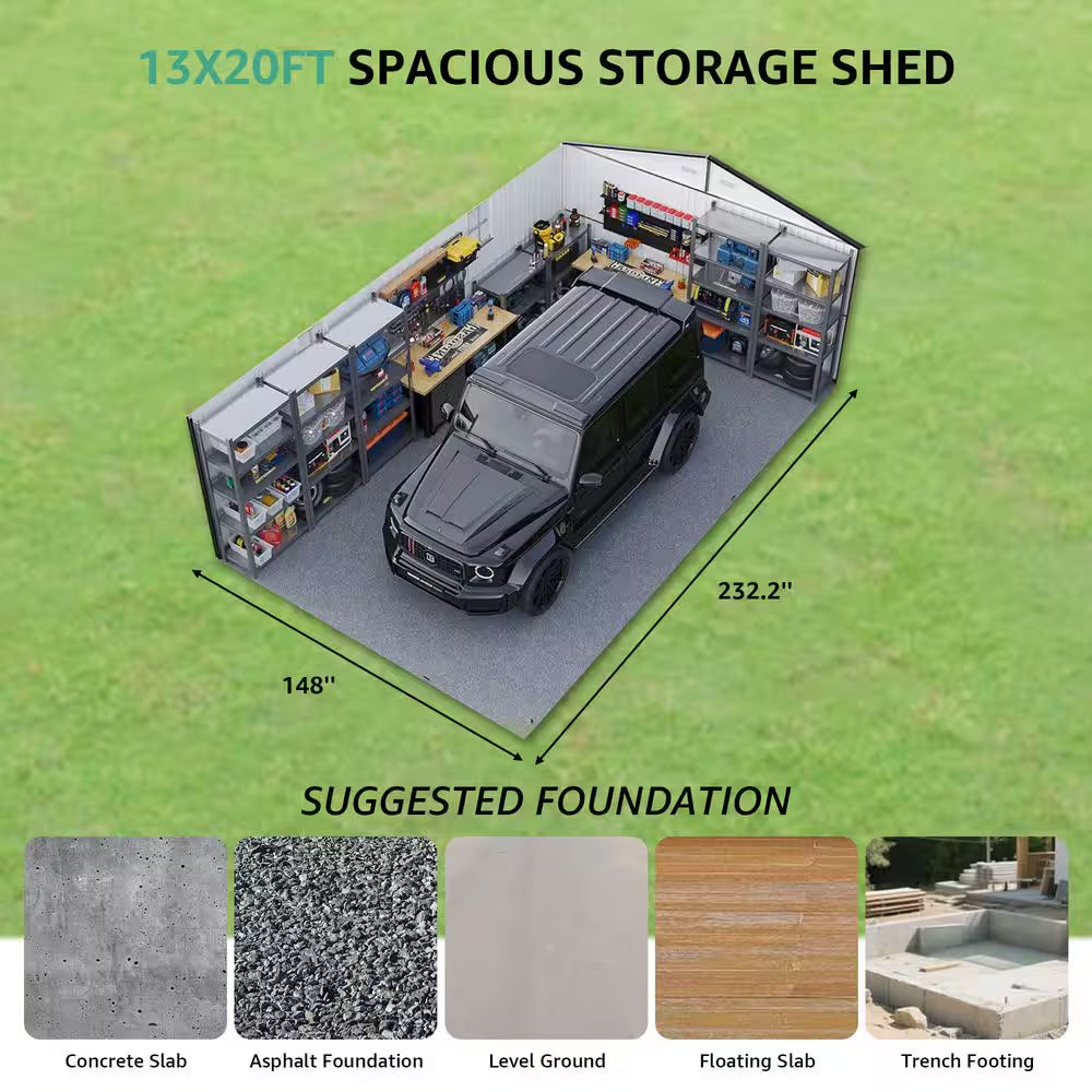 Vera 13 Ft. W X 20 Ft. D Dark Gray Metal Large Outdoor Storage Shed Garage Shed with Windows, Air Vents (238.59 Sq. Ft.)