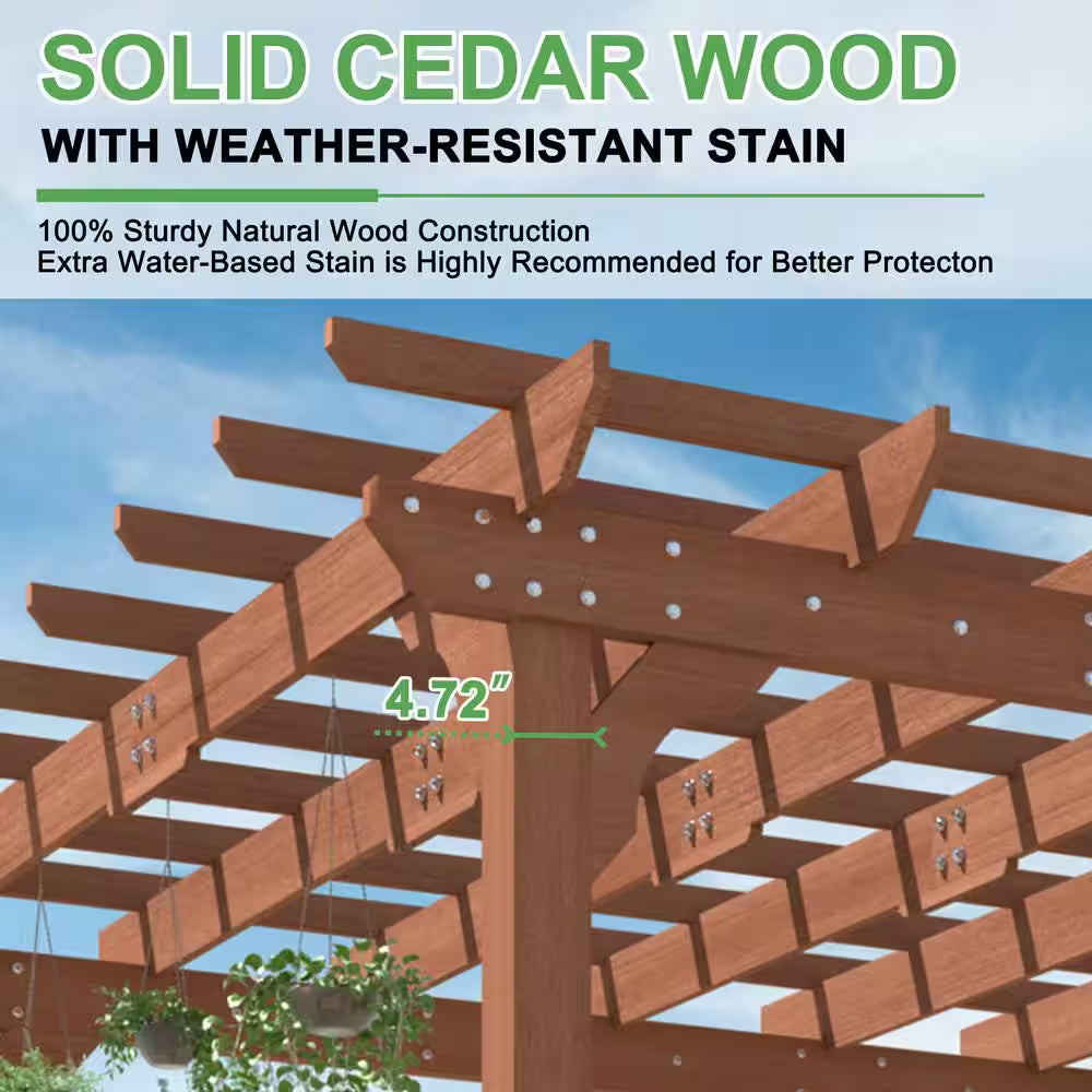 14 Ft. W X 10 Ft. D Brown Cedar Wood Patio Pergola Shade Structure for Outdoor