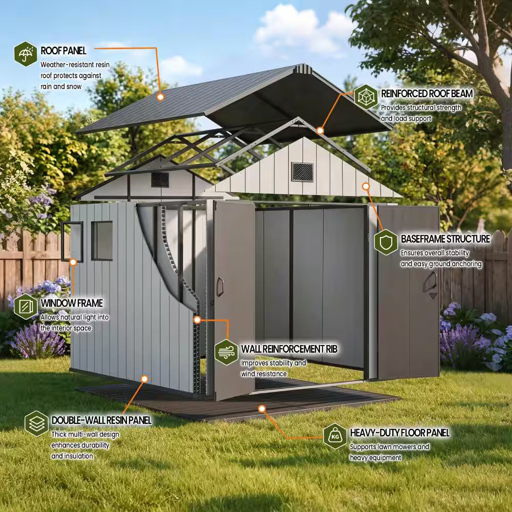 8 Ft. W X 10 Ft. D Resin Storage Shed with Double Doors, Window and Gable Vent 80 Sq. Ft.