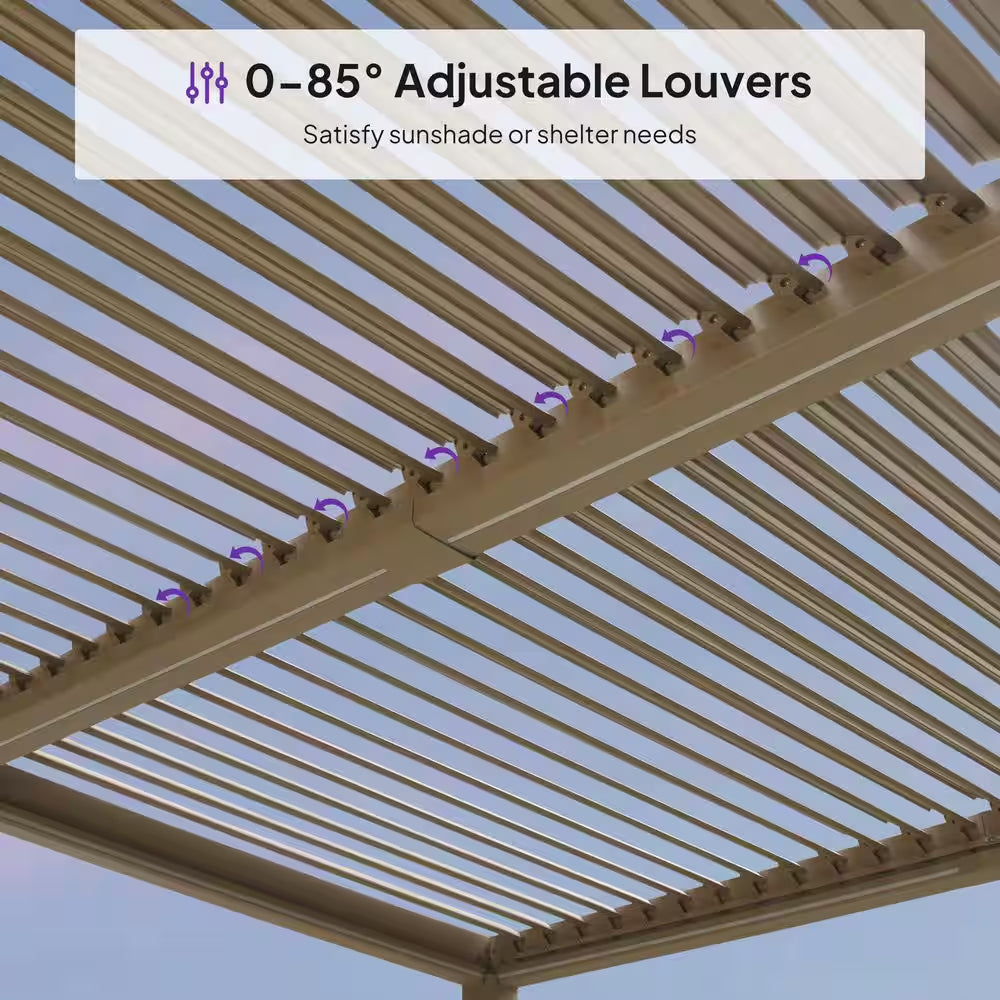 10 Ft. X 12 Ft. Champagne Aluminum Outdoor Louvered Pergola with Individual Adjustable Sunshade Roofs and LED Lights