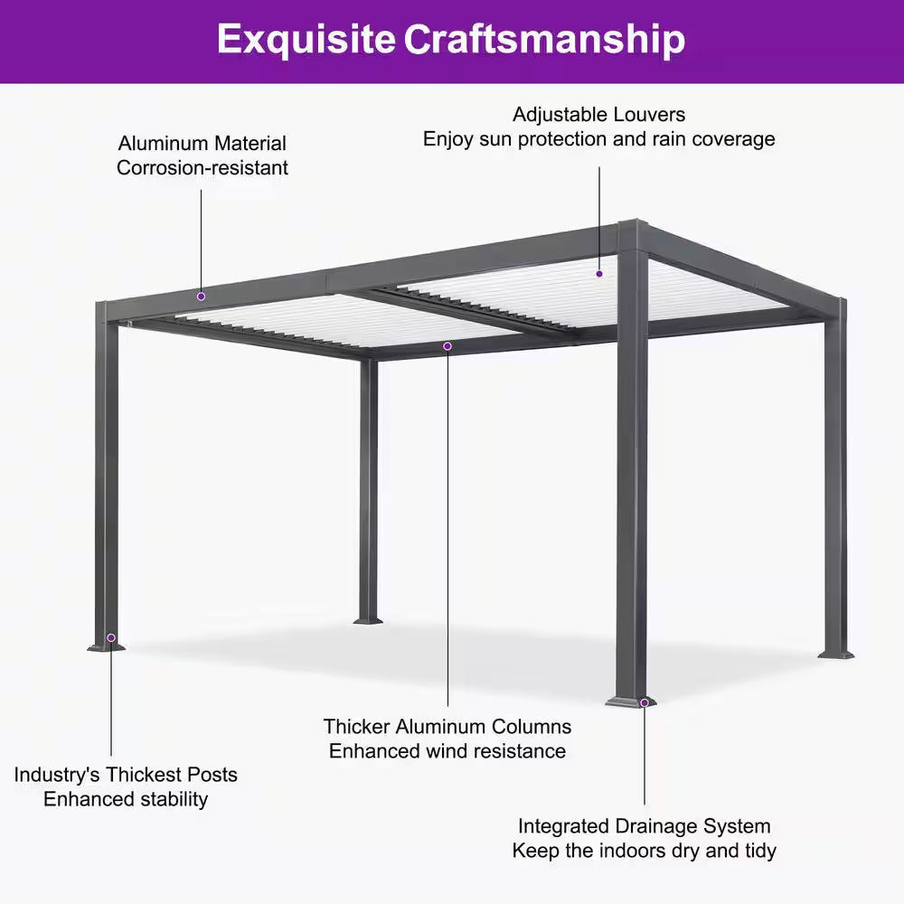 10.2 Ft. X 14.2 Ft. Gray Aluminum Outdoor Louvered Pergola with White Adjustable Roofs and String Lights