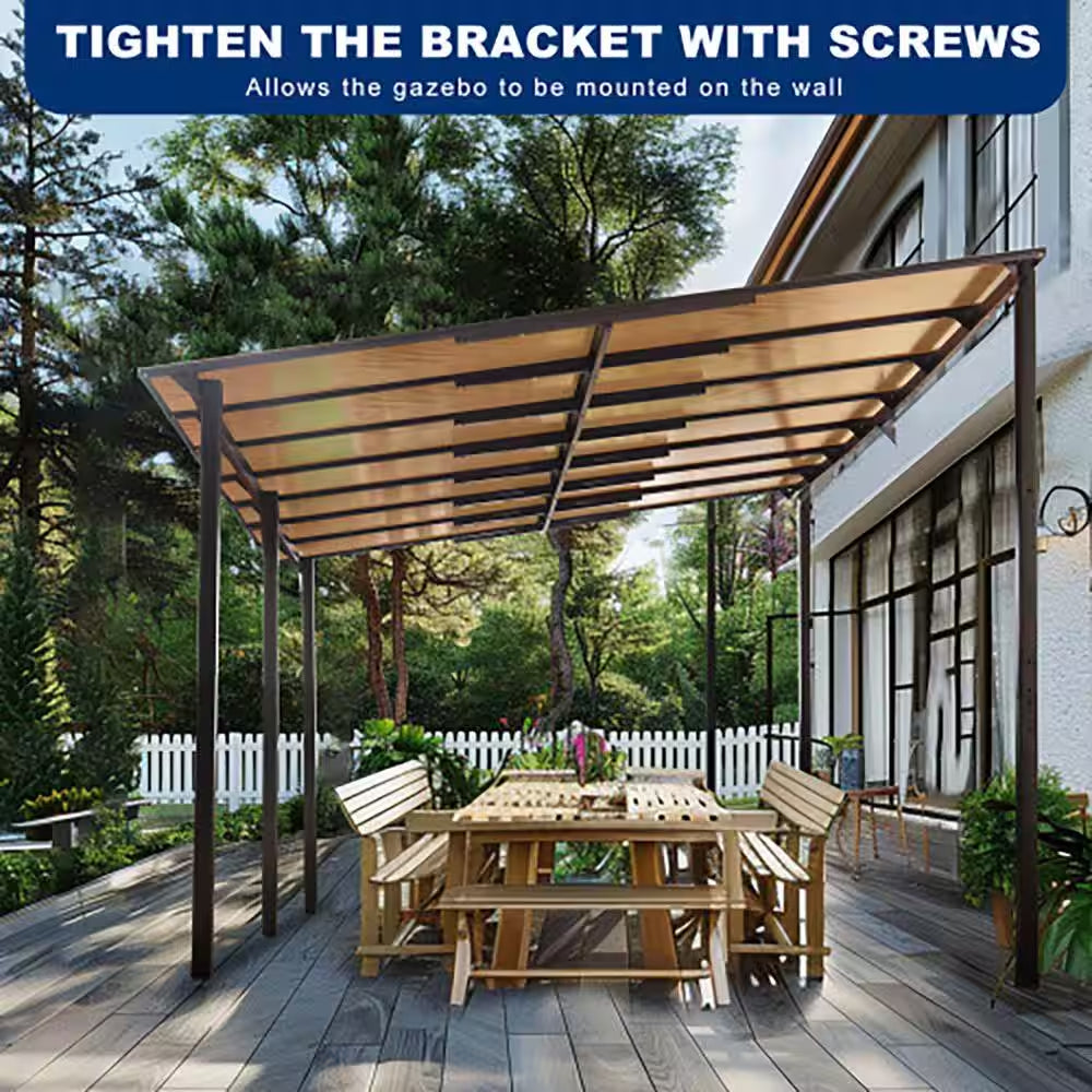 10 Ft. X 14 Ft. Heavy-Duty Wall-Mounted Lean-To Metal Pergola Gazebo with Roof