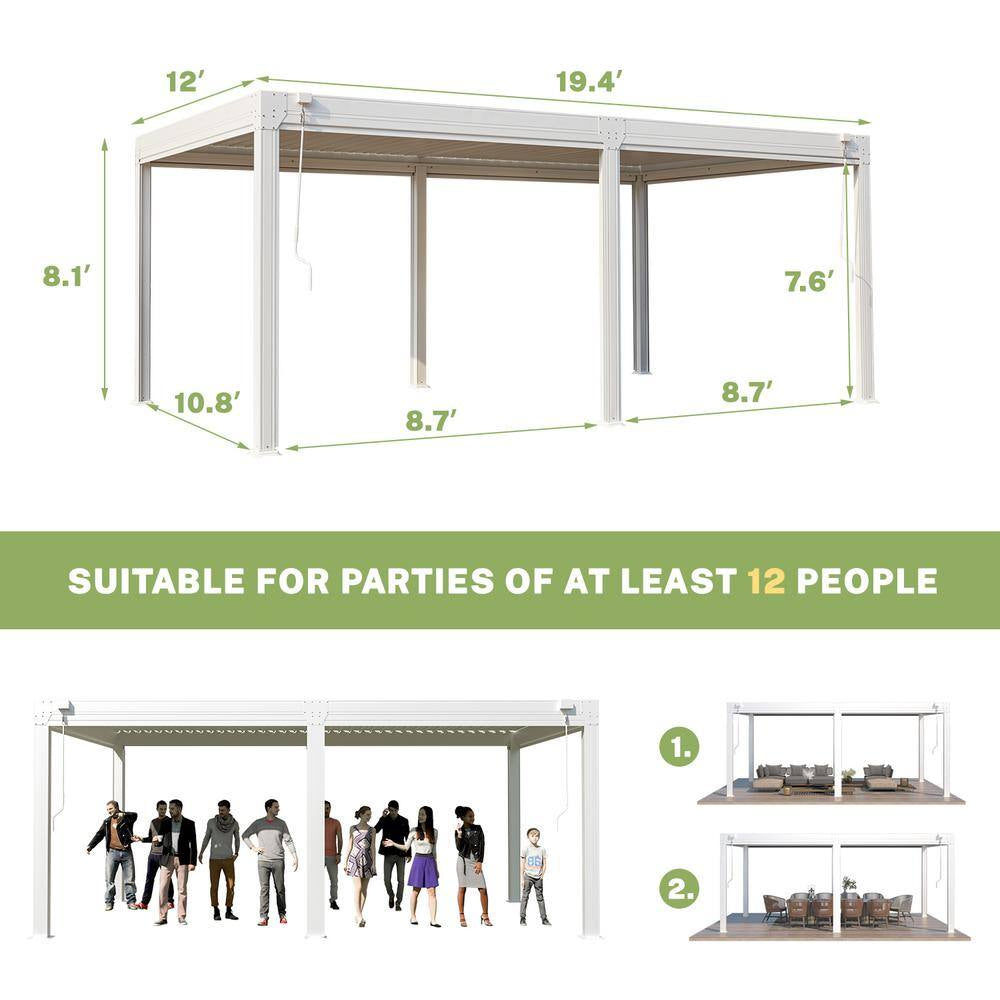 12 Ft. X 20 Ft. Louvered Pergola with Adjustable Rainproof Roof, Wood Grain Outdoor Aluminum Pergola for Patio, White