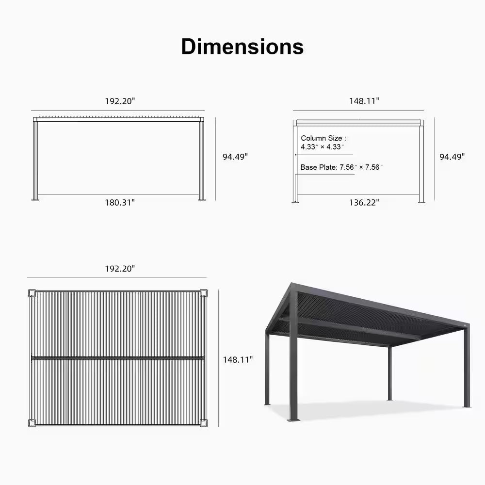 12 Ft. X 16 Ft. Gray Aluminum Frame Outdoor Hardtop Louvered Pergola with Adjustable Sunshade Roof and In-Built Gutter