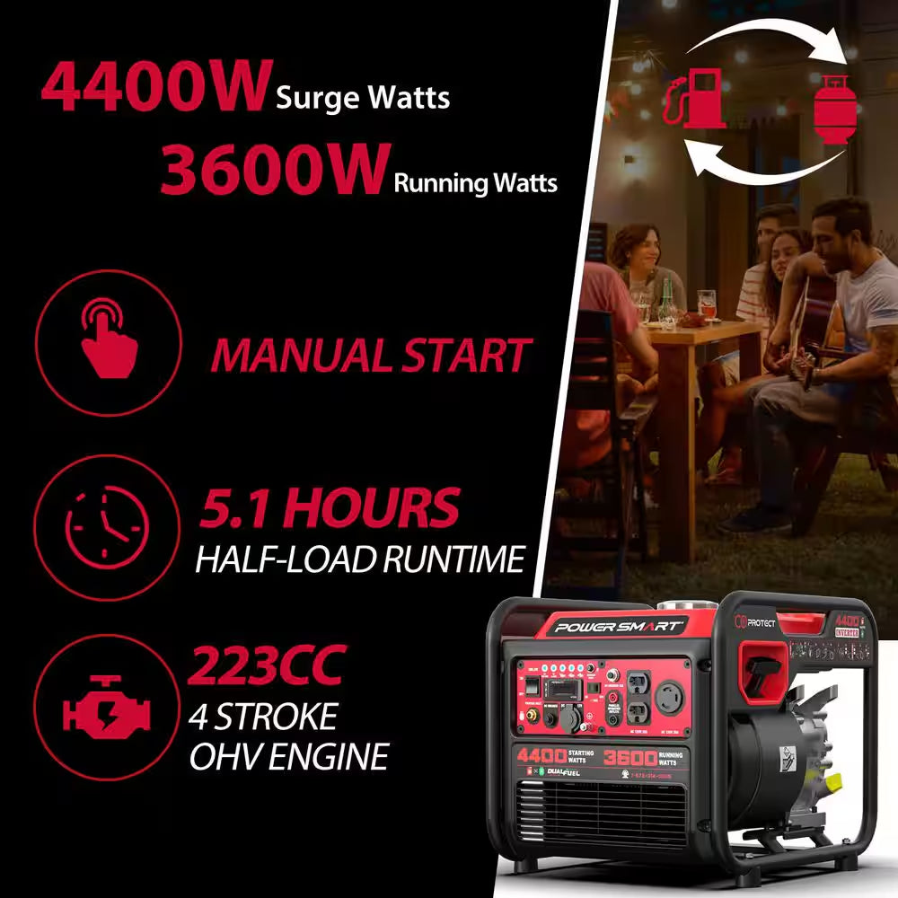 4400-Watt/3600-Watt Dual Fuel Inverter Generator Pull Cord Start with CO Protect Carbon Monoxide Detection