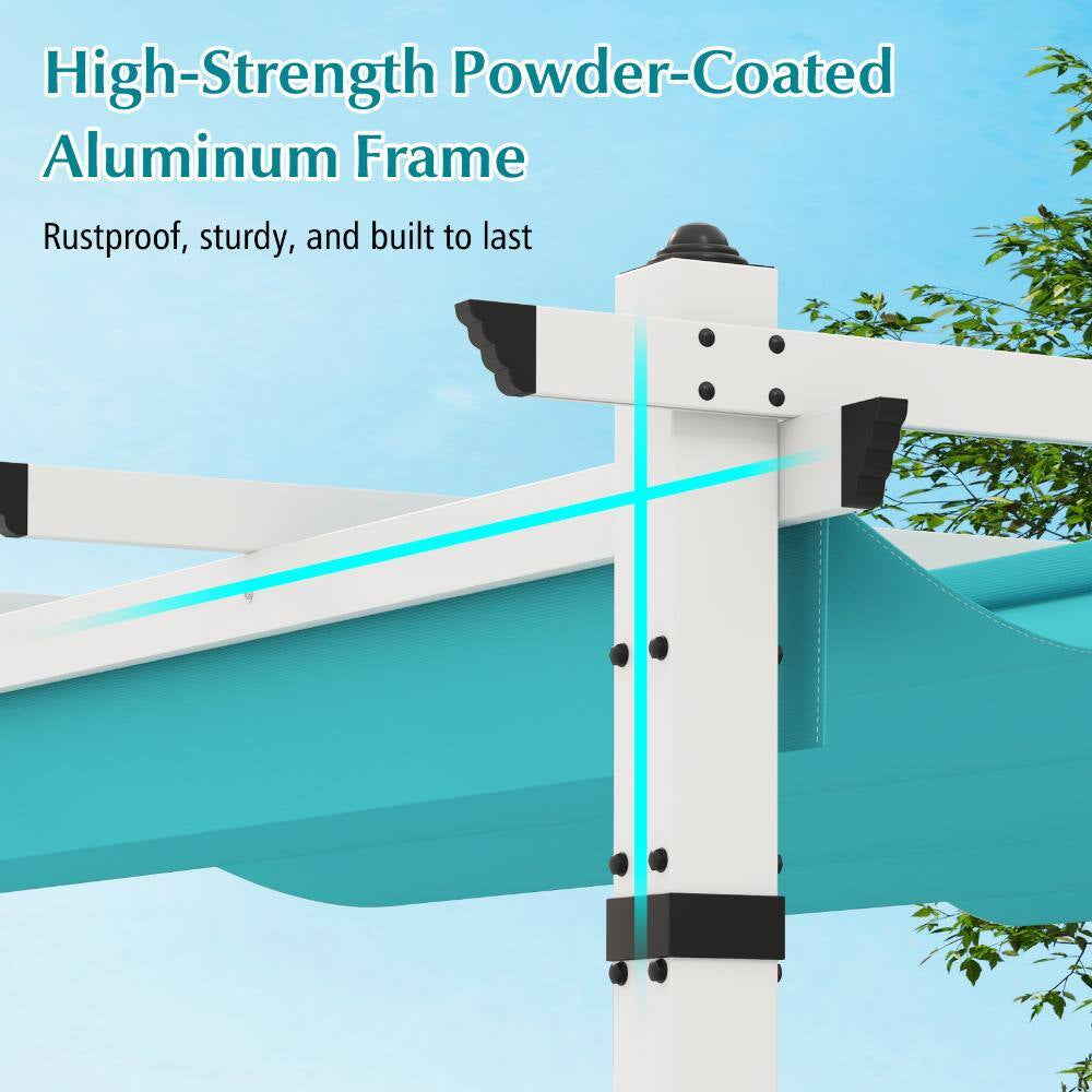 12 Ft. X 10 Ft. Aluminum Patio Pergola with Retractable Polyester Canopy and Locking Hooks, Turquoise