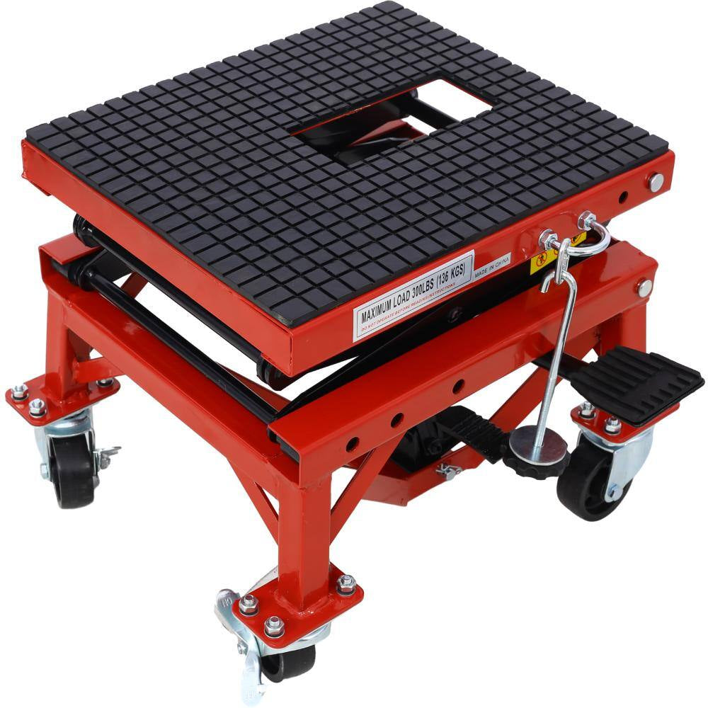 300 Lbs Hydraulic Motorcycle Scissor Jack Lift with Foot Step and Wheels, Red, Suitable for Small Dirt Bikes