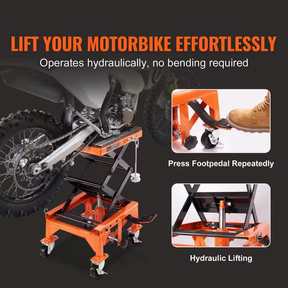 Hydraulic Motorcycle Lift Table, 350 Lbs. Capacity Motorcycle Scissor Jack Lift with Wide Deck, J-Hooks, 4 Wheels