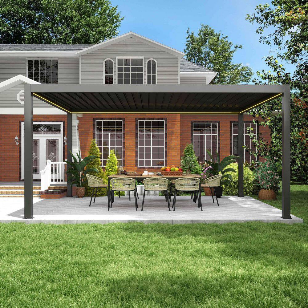 12 Ft. X 16 Ft. Dark Gray Powered Aluminum Louvered Pergola with Adjustable Roof, LED Lights and Rain Sensor