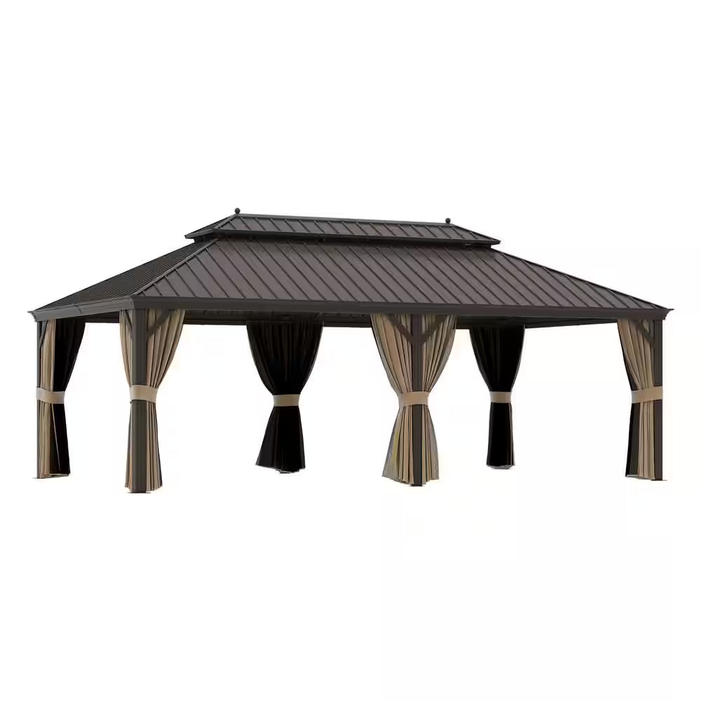 12 Ft. X 22 Ft. Aluminum Outdoor Gazebo Double Roof Canopy/Netting, Curtains, Garden Tent for Patio, Backyard, Lawns