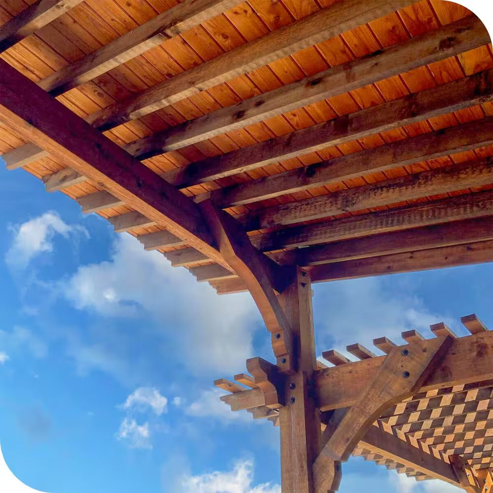 Pro Installed Meridian 32 Ft. X 16 Ft. Natural Heavy Timber 3-Tier Outdoor Patio Shade Pergola-Solid Roof Construction