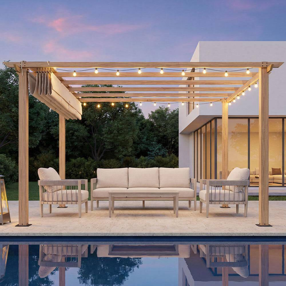 10 Ft. X 10 Ft. Wood Grain Aluminum Outdoor Pergola with Beige Retractable Sun Shade Canopy
